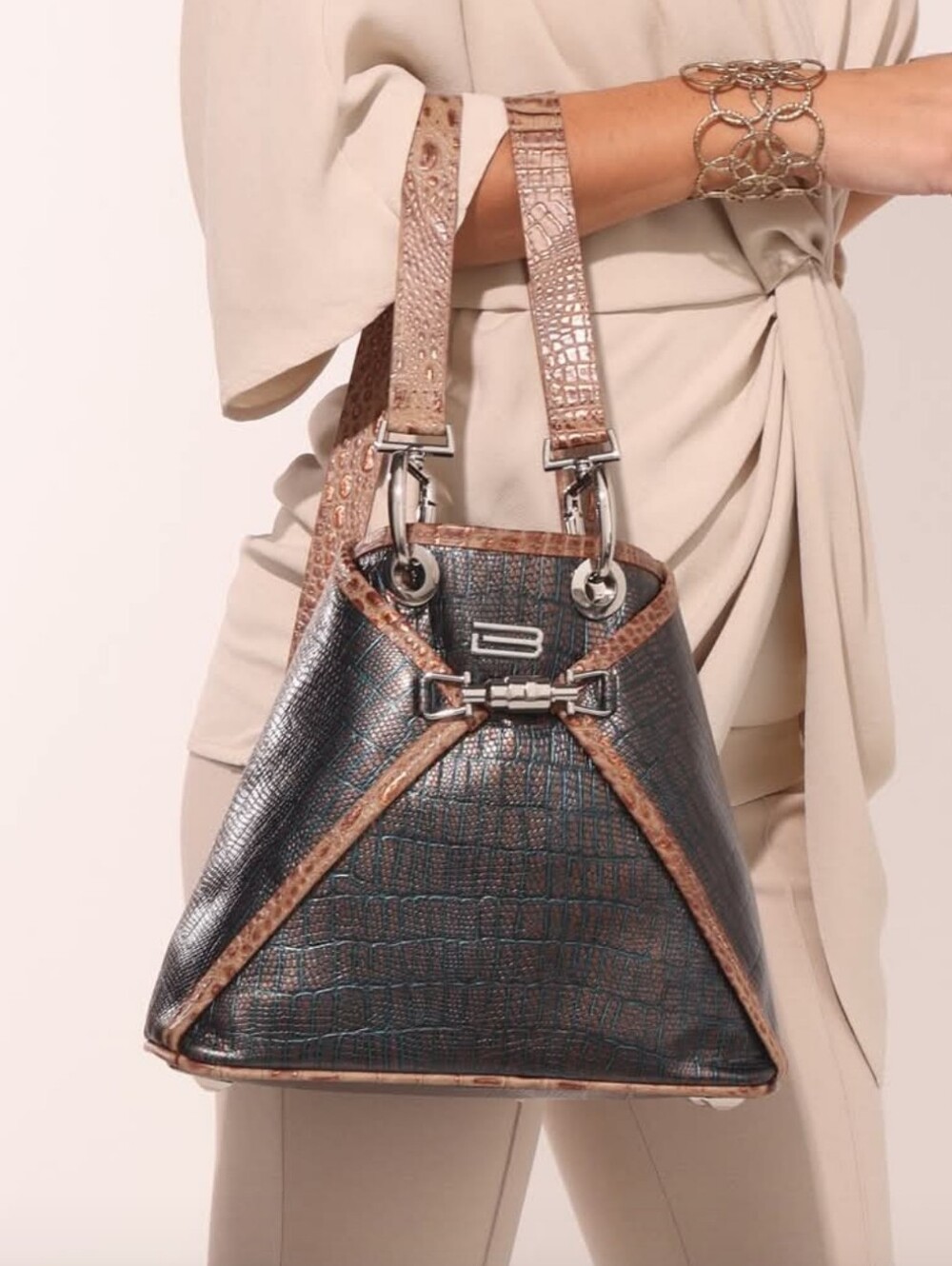 BSWANKY Sophie Lapis Convertible Backpack Shoulder Bag in Croc Embossed Leather